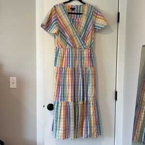 J CREW Re-Imagined Rainbow Gingham Seersucker Wrap Tie Tiered Midi Dress Size 12